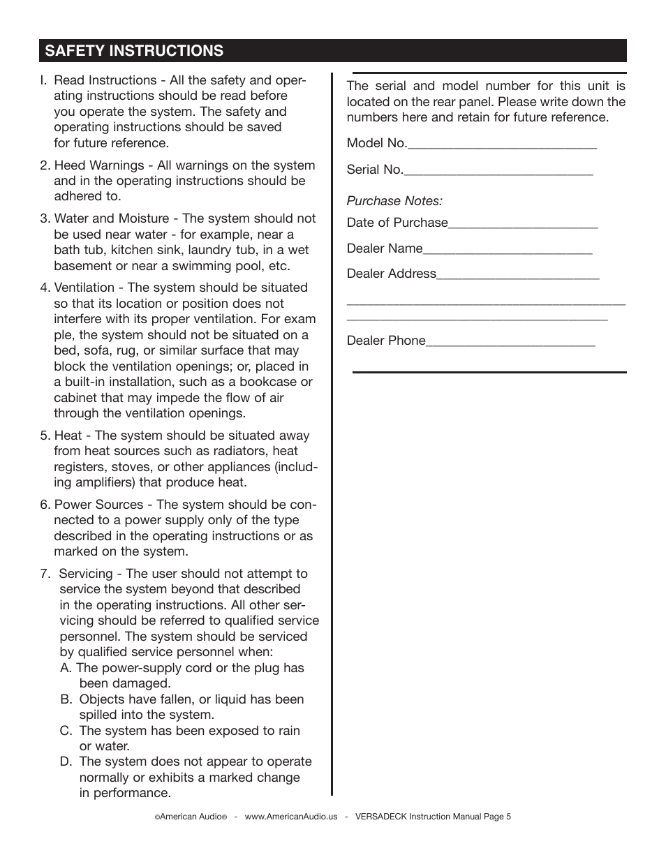 Safety instructions | American Audio Versadeck User Manual | Page 5 / 48