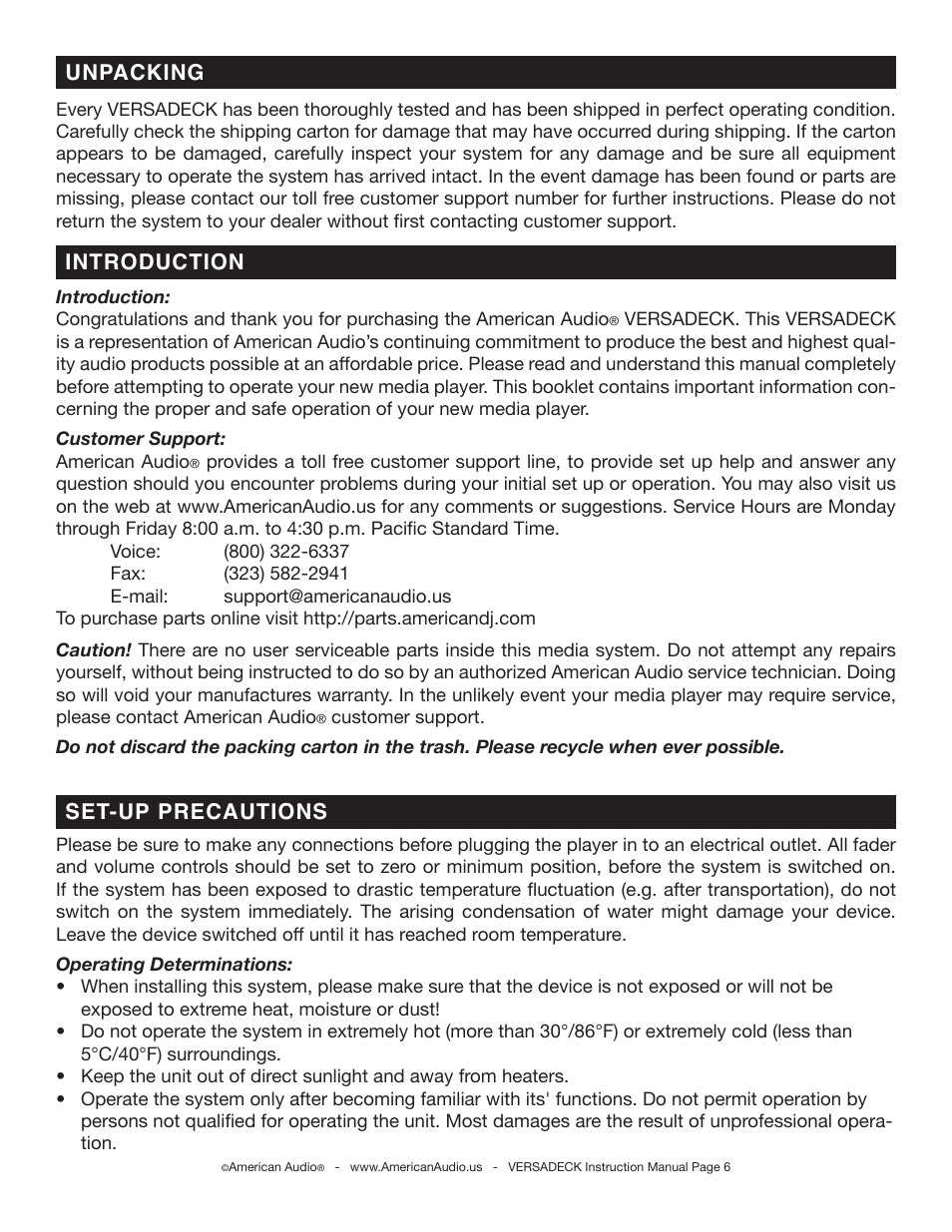 Introduction unpacking, Set-up precautions | American Audio Versadeck User Manual | Page 6 / 48