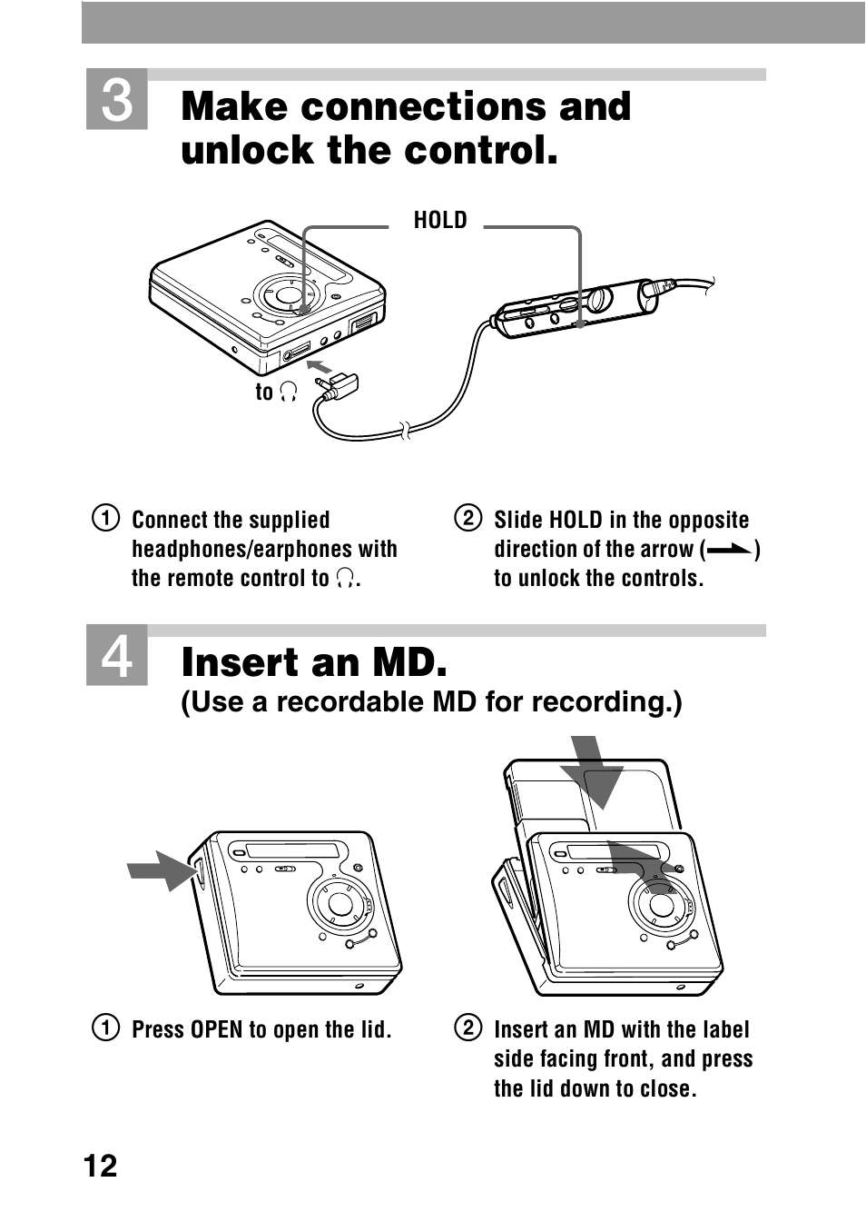 Ck (12), Make connections and unlock the control, Insert an md | Sony MZ-R700 User Manual | Page 12 / 68