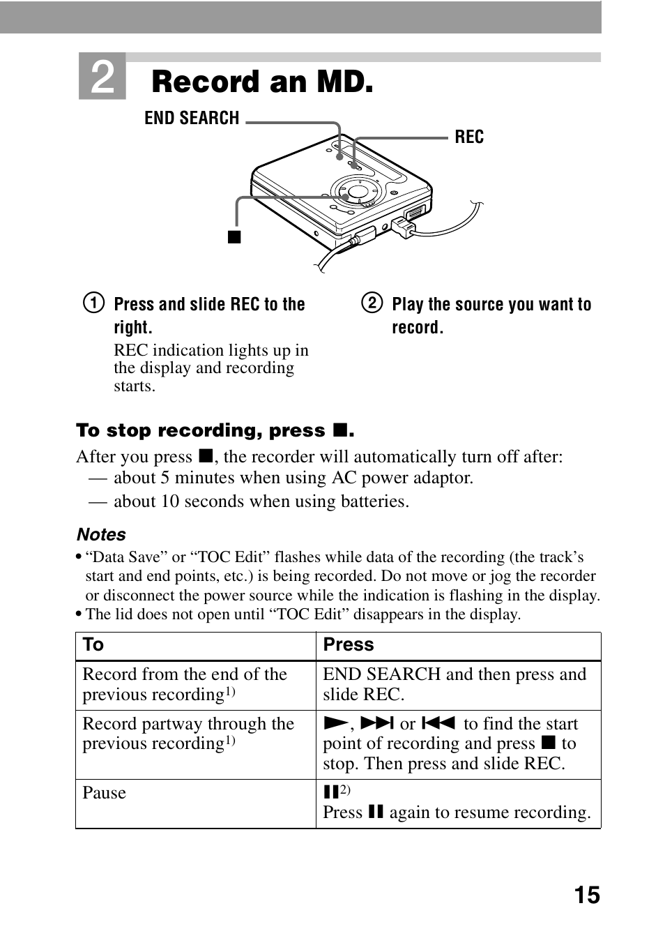 H (15), On (15), Record an md | Sony MZ-R700 User Manual | Page 15 / 68