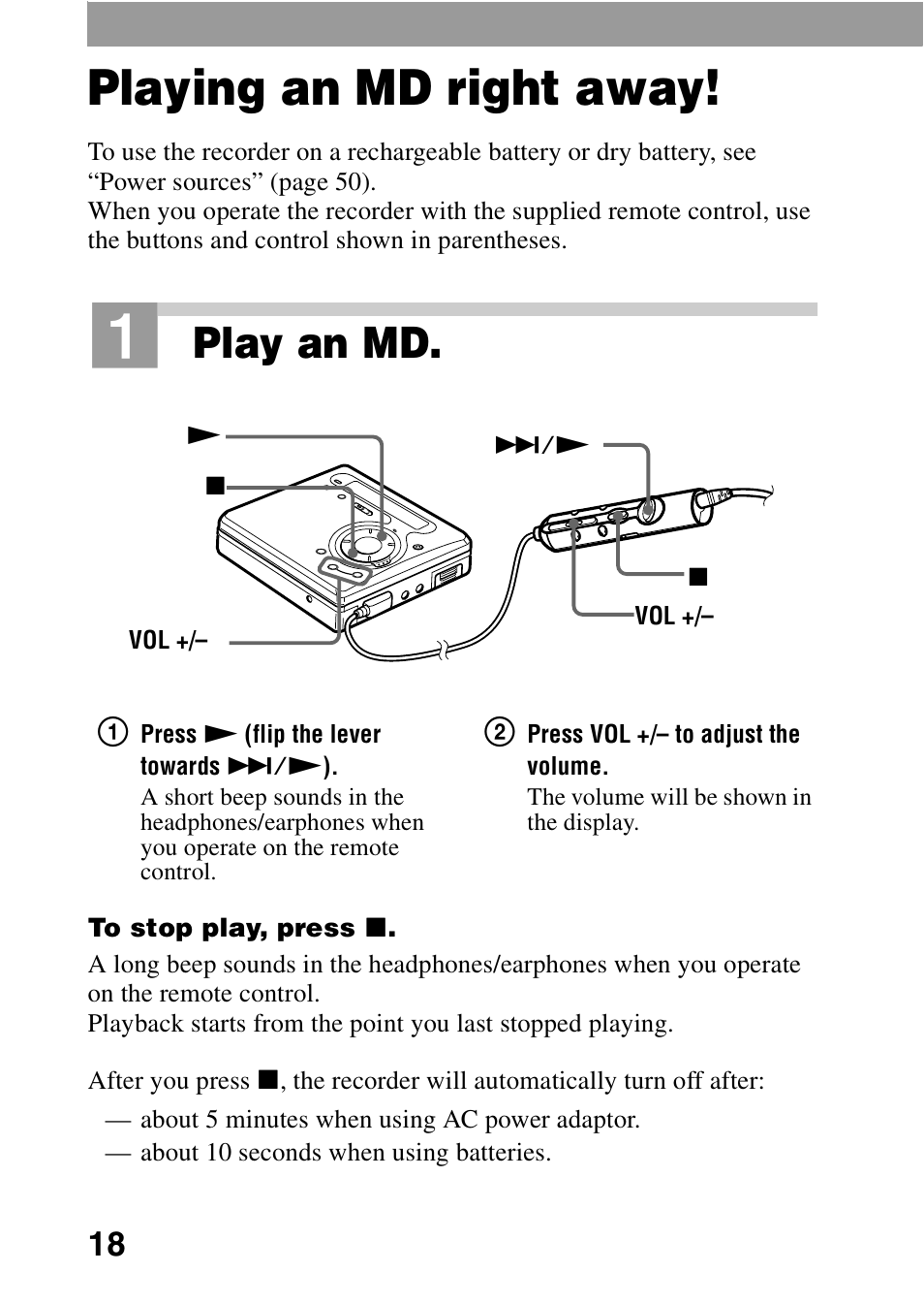 Playing an md right away, On (18), Play an md | Sony MZ-R700 User Manual | Page 18 / 68