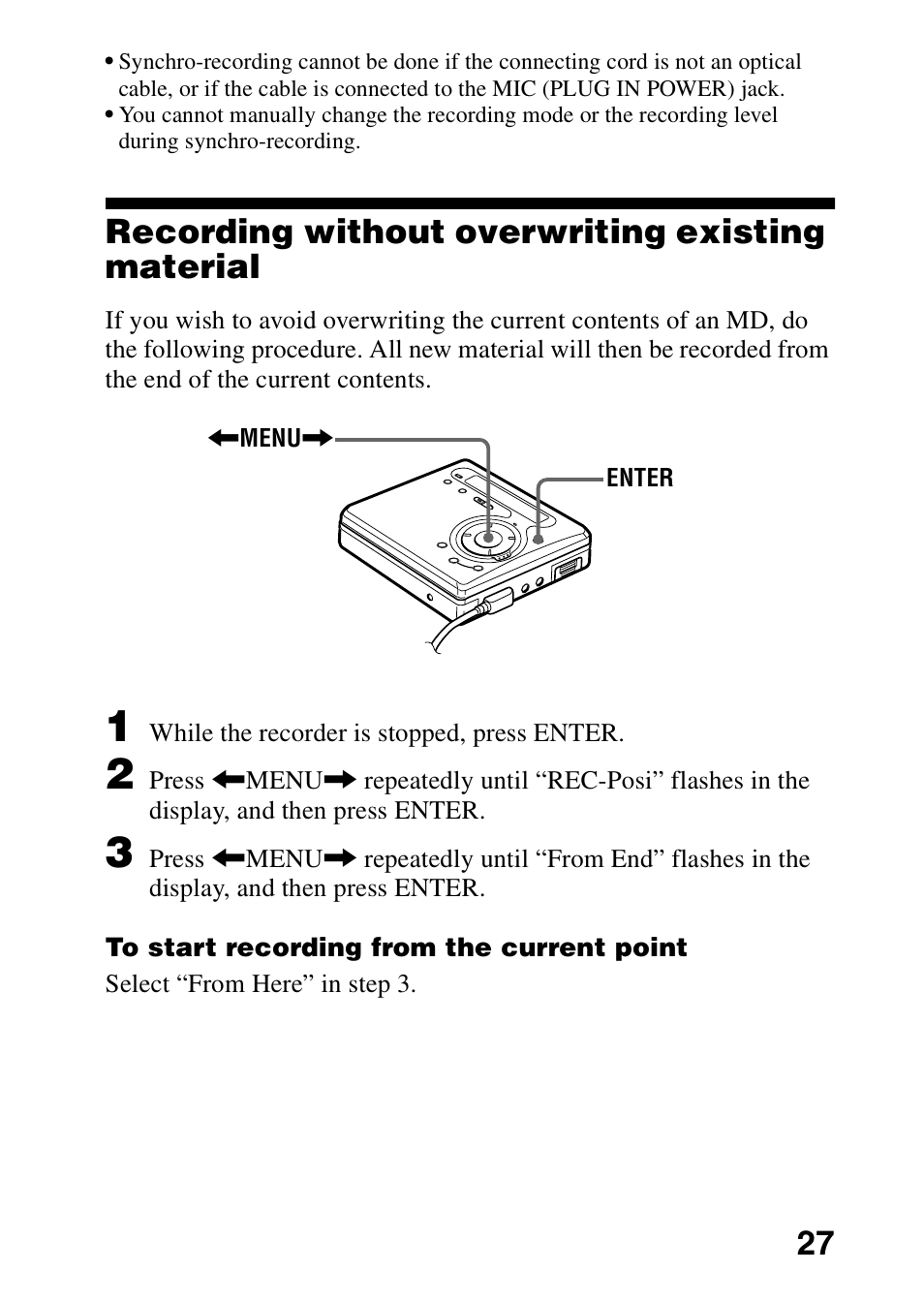 Recording without overwriting existing material | Sony MZ-R700 User Manual | Page 27 / 68
