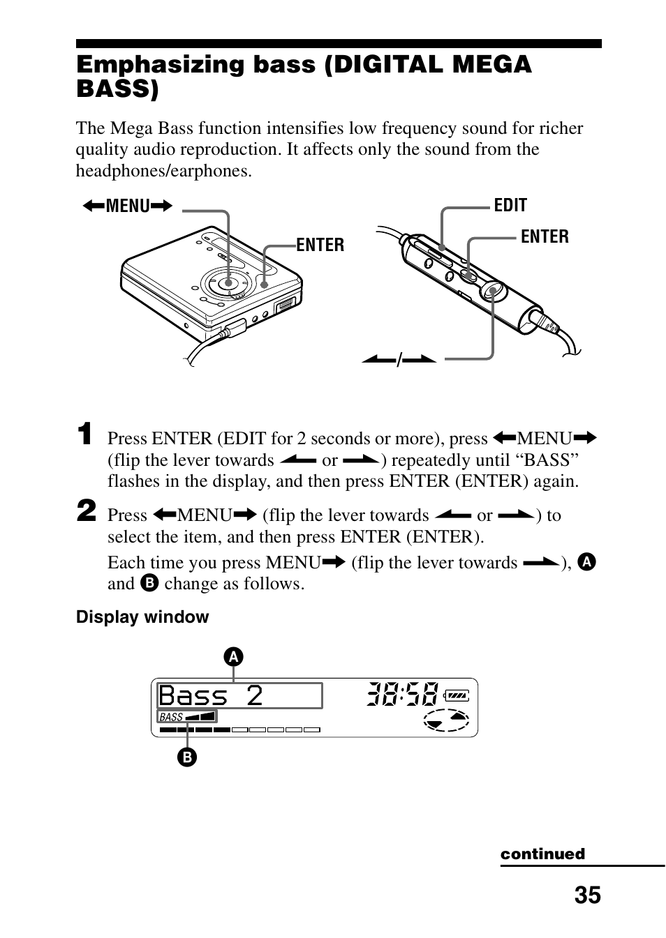 Emphasizing bass (digital mega bass), Bass 2, 35 emphasizing bass (digital mega bass) | Sony MZ-R700 User Manual | Page 35 / 68