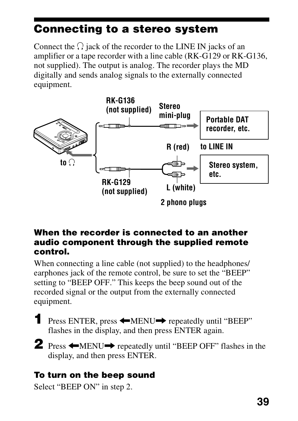 Connecting to a stereo system, 39 connecting to a stereo system | Sony MZ-R700 User Manual | Page 39 / 68