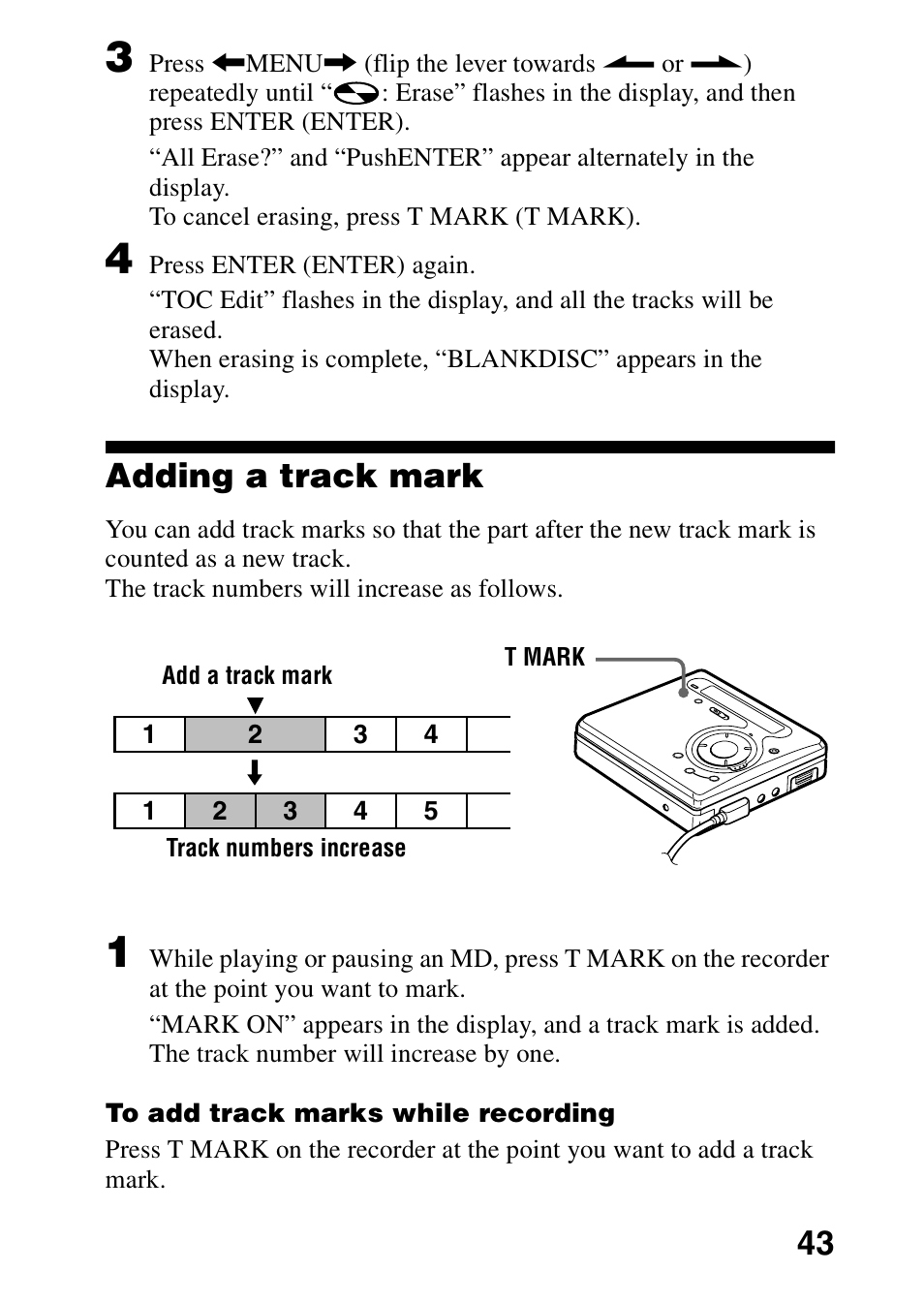 Adding a track mark | Sony MZ-R700 User Manual | Page 43 / 68