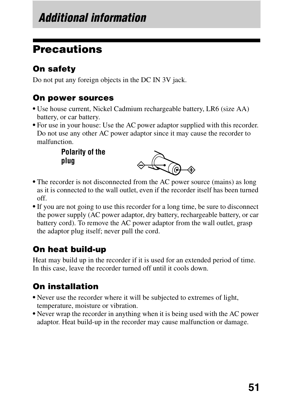 Additional information, Precautions | Sony MZ-R700 User Manual | Page 51 / 68