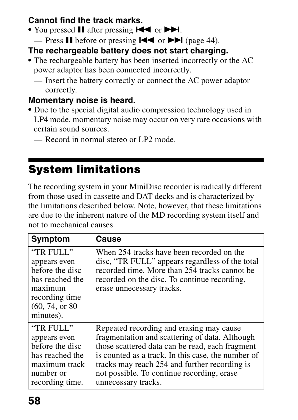 System limitations | Sony MZ-R700 User Manual | Page 58 / 68
