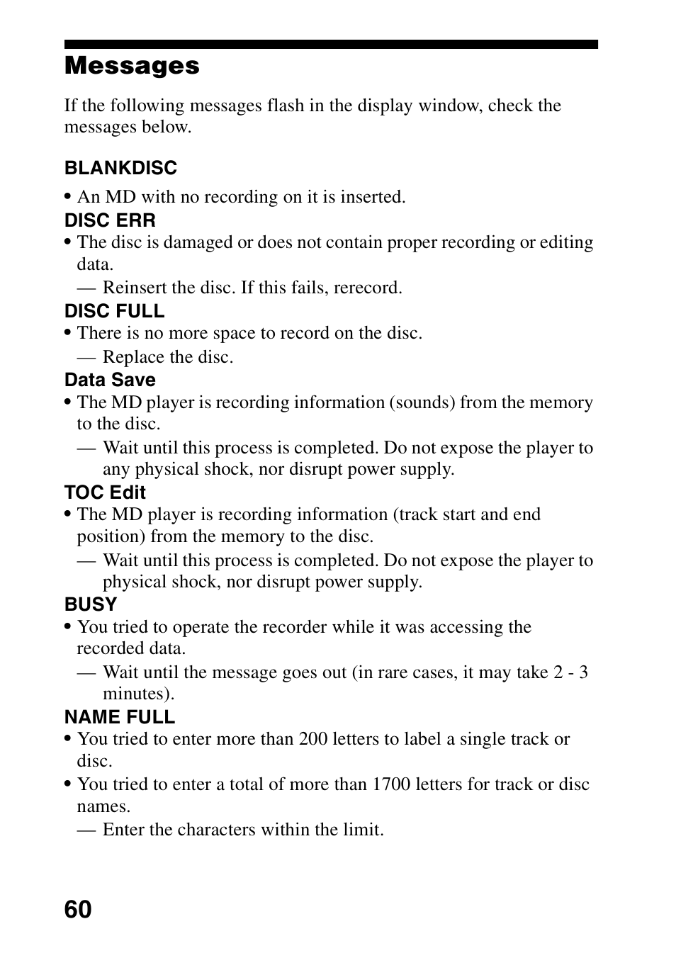 Messages, 60 messages | Sony MZ-R700 User Manual | Page 60 / 68
