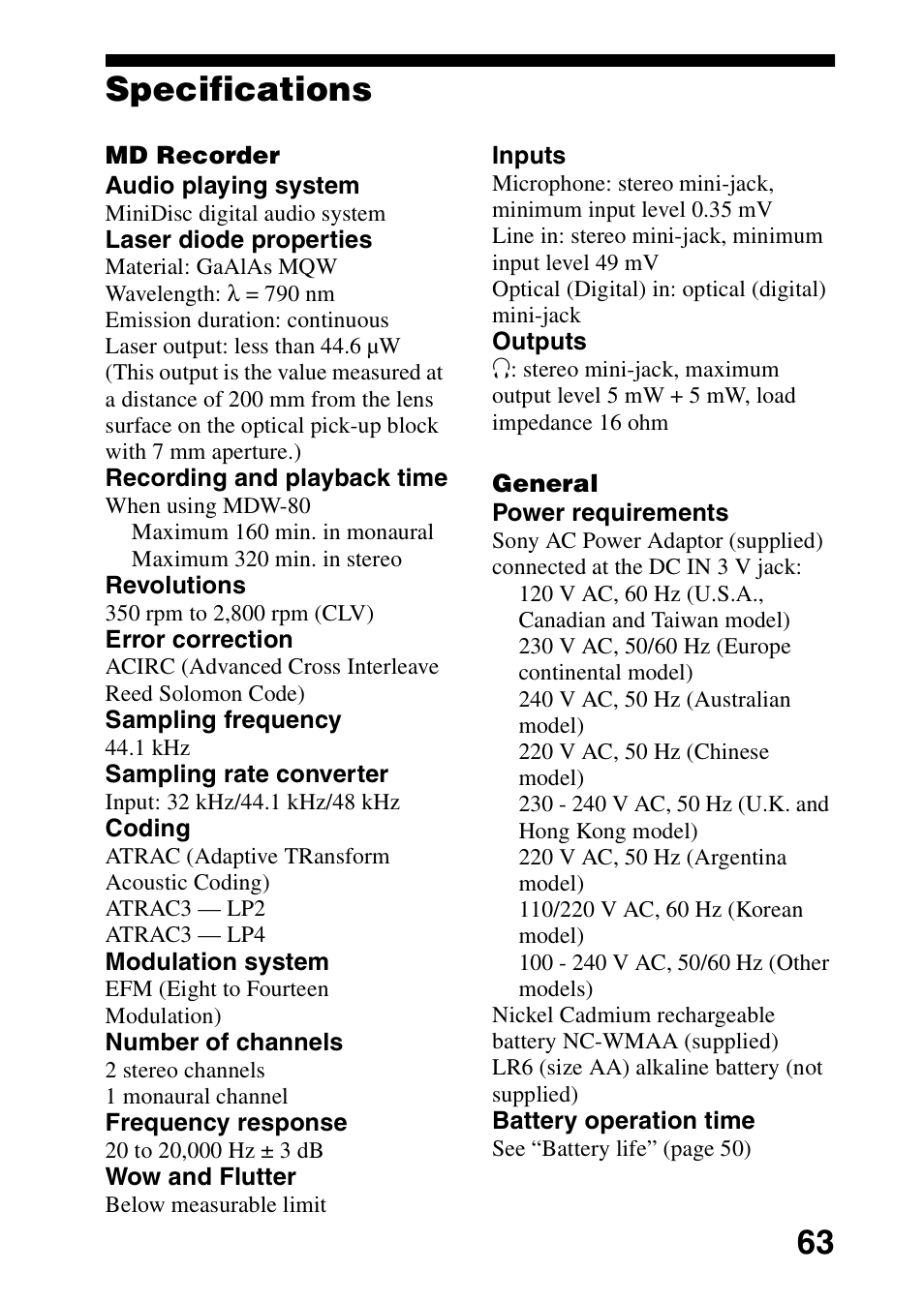 Specifications, 63 specifications | Sony MZ-R700 User Manual | Page 63 / 68