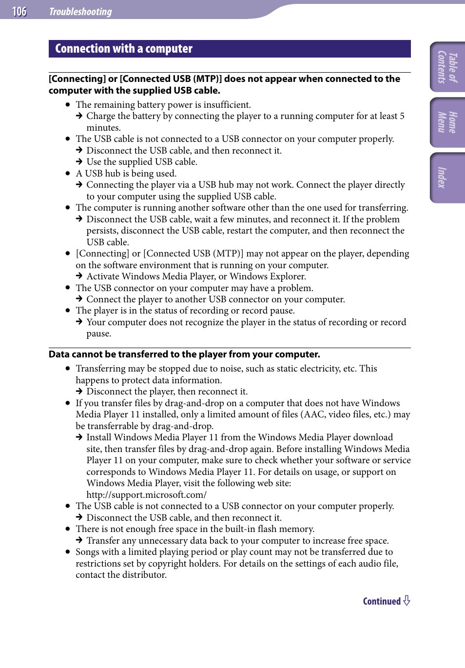 Connection with a computer | Sony NWZ-S544 User Manual | Page 106 / 134