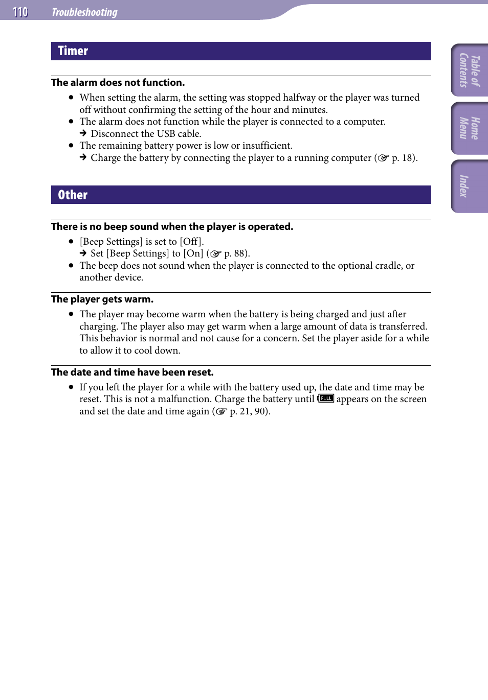 Timer, Other | Sony NWZ-S544 User Manual | Page 110 / 134