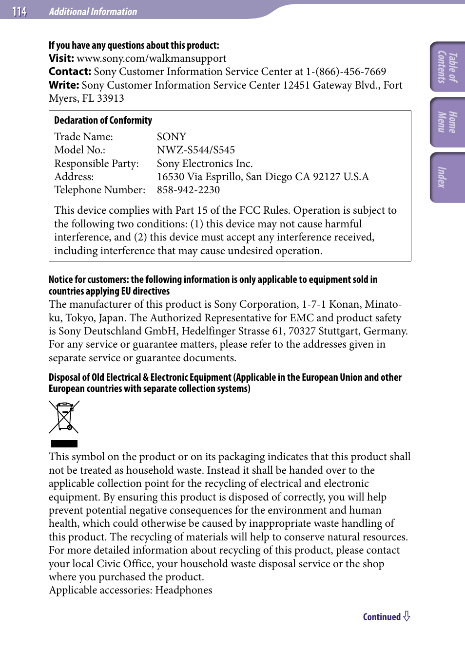 Sony NWZ-S544 User Manual | Page 114 / 134