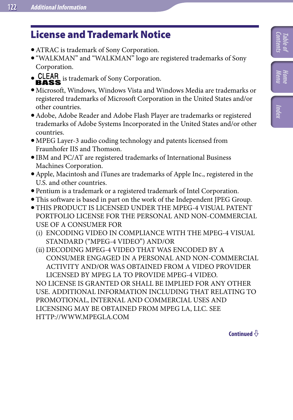 License and trademark notice | Sony NWZ-S544 User Manual | Page 122 / 134