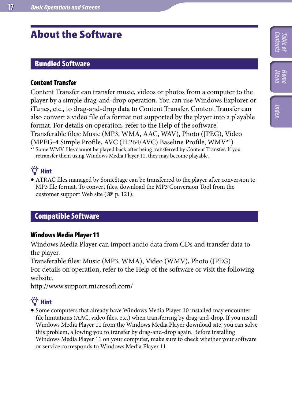 About the software, Bundled software, Compatible software | Sony NWZ-S544 User Manual | Page 17 / 134