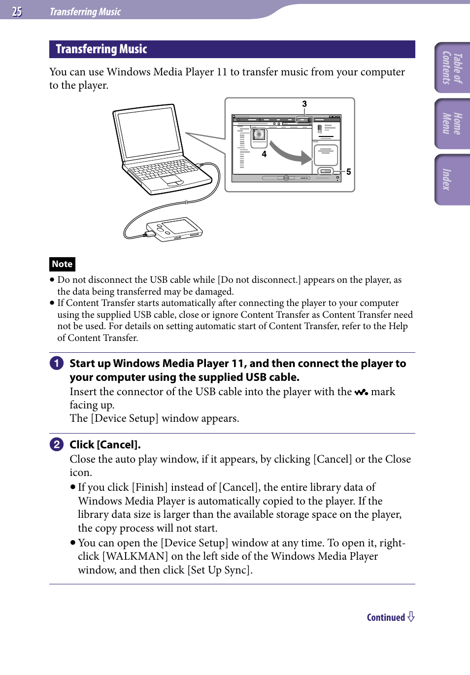 Transferring music | Sony NWZ-S544 User Manual | Page 25 / 134