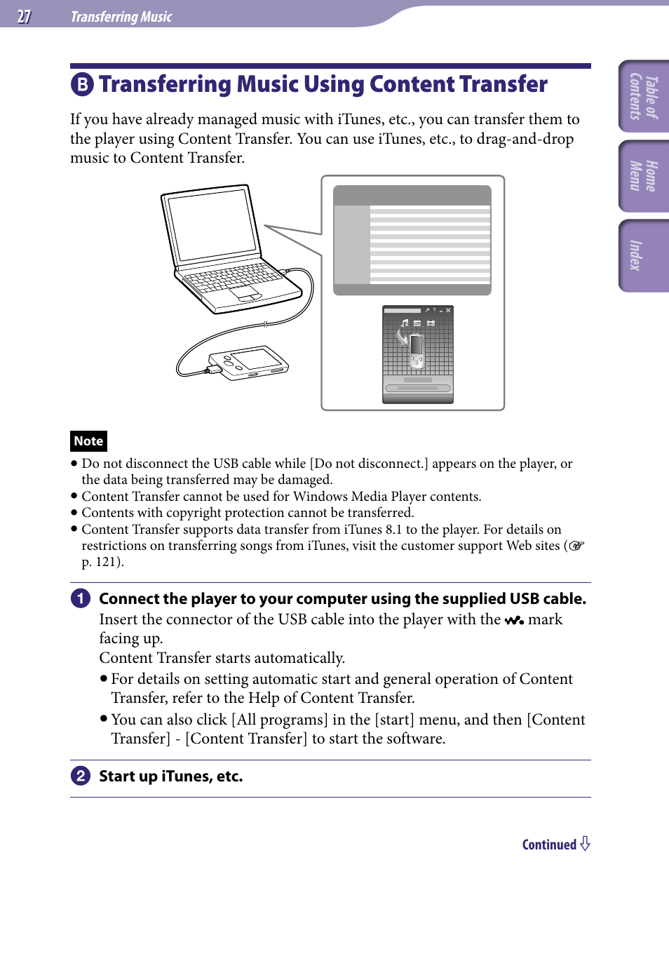 B) transferring music using content transfer, Transferring music using content, Transfer | Transferring music using content transfer | Sony NWZ-S544 User Manual | Page 27 / 134