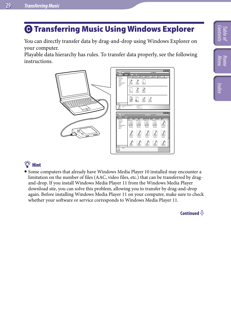 C) transferring music using windows explorer, Transferring music using windows, Explorer | Transferring music using windows explorer | Sony NWZ-S544 User Manual | Page 29 / 134