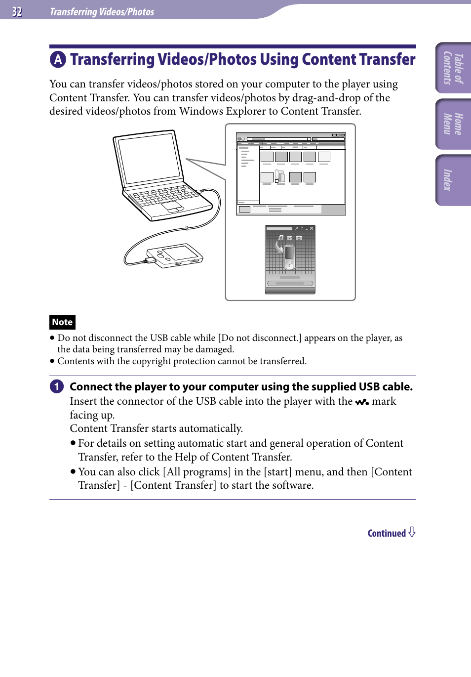 Transferring videos/photos using, Content transfer, Transferring videos/photos using content transfer | Sony NWZ-S544 User Manual | Page 32 / 134