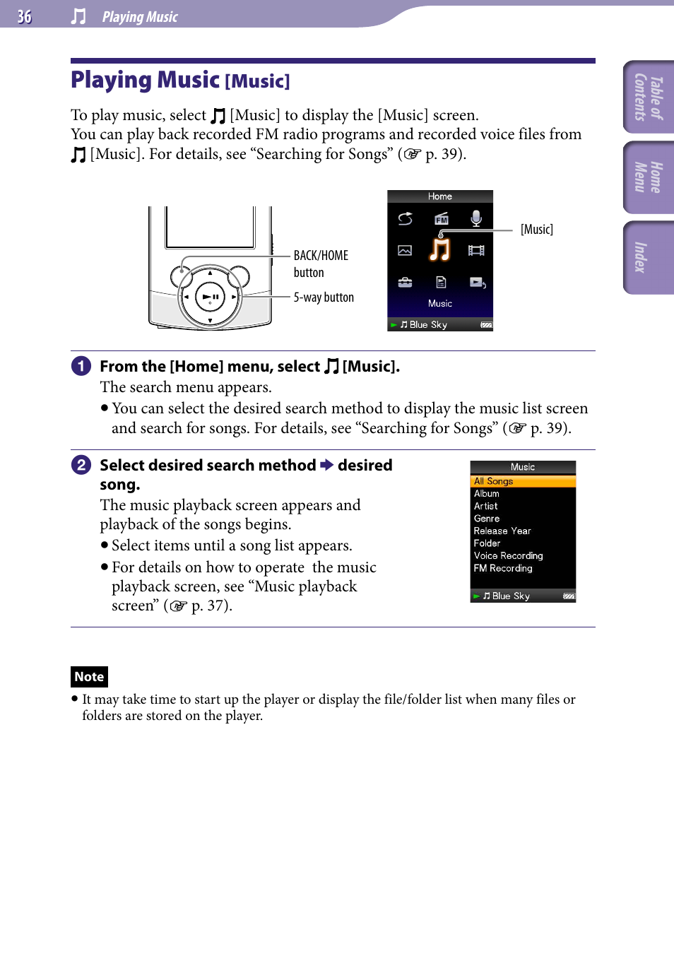 Playing music, Playing music [music, Music | Sony NWZ-S544 User Manual | Page 36 / 134