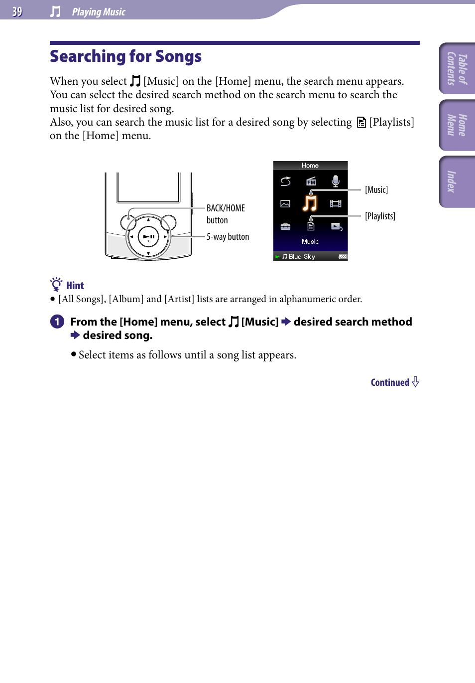 Searching for songs, E “searching for songs | Sony NWZ-S544 User Manual | Page 39 / 134