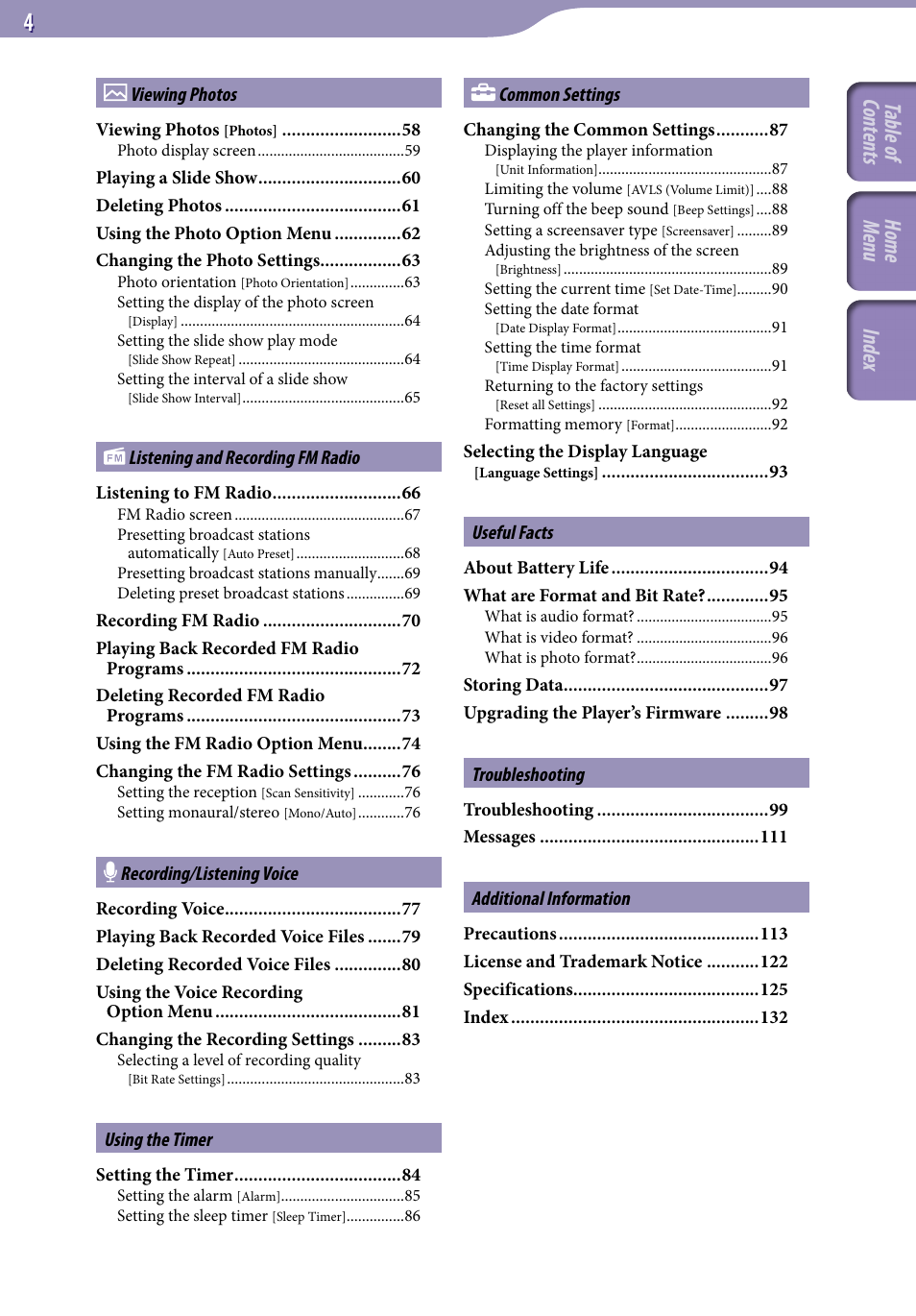 Table of cont ents home menu inde x | Sony NWZ-S544 User Manual | Page 4 / 134