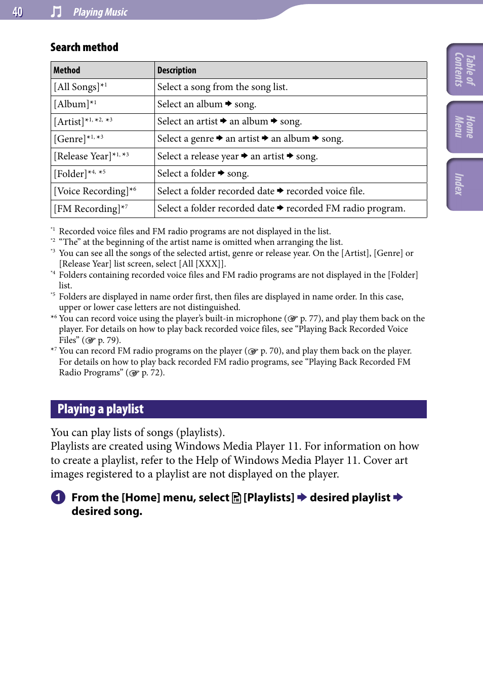 Playing a playlist, Search method, Table of cont ents home menu inde x | Desired playlist, Desired song, Playing music | Sony NWZ-S544 User Manual | Page 40 / 134