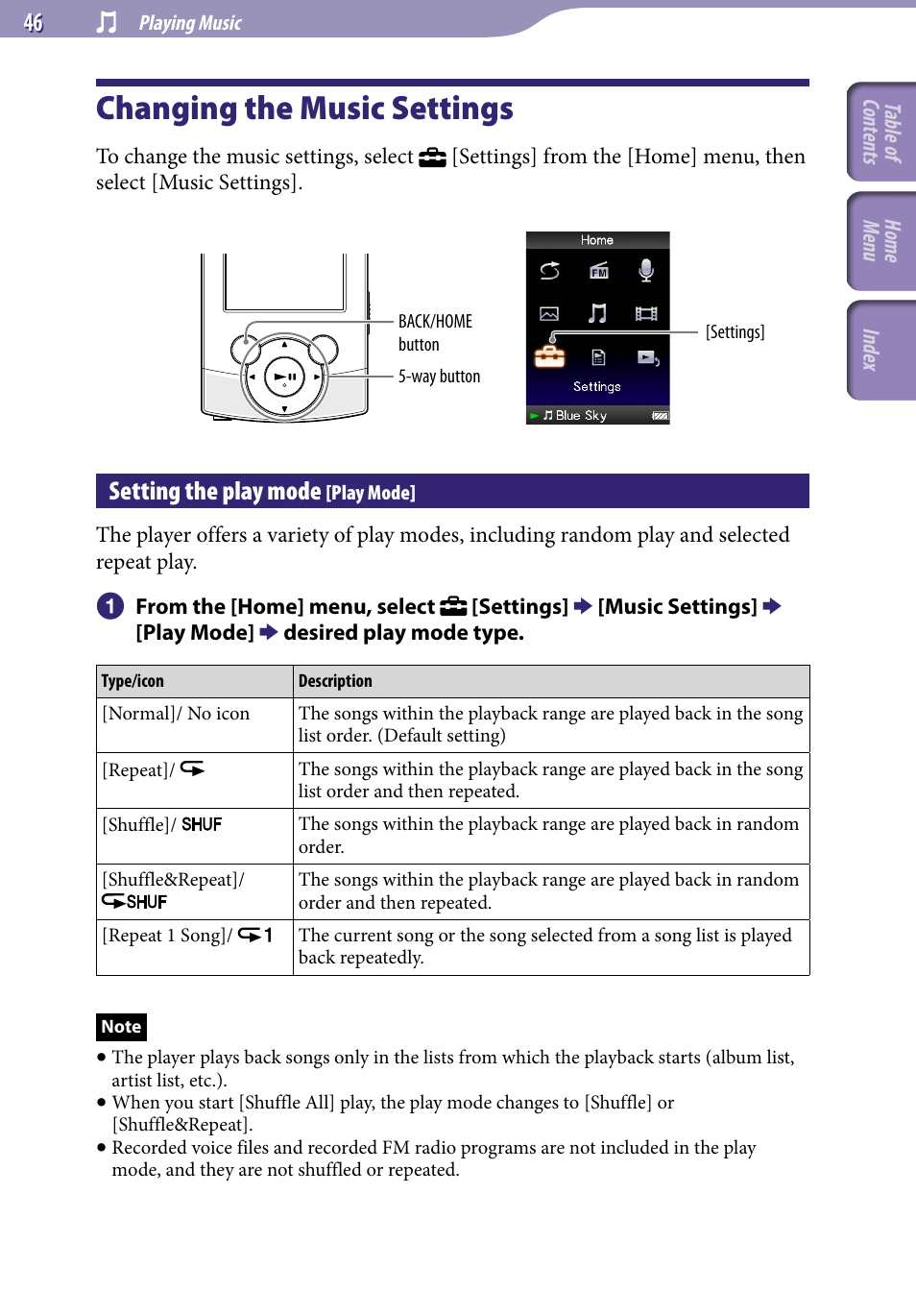 Changing the music settings, Setting the play mode [play mode, Setting the play mode | Play mode | Sony NWZ-S544 User Manual | Page 46 / 134