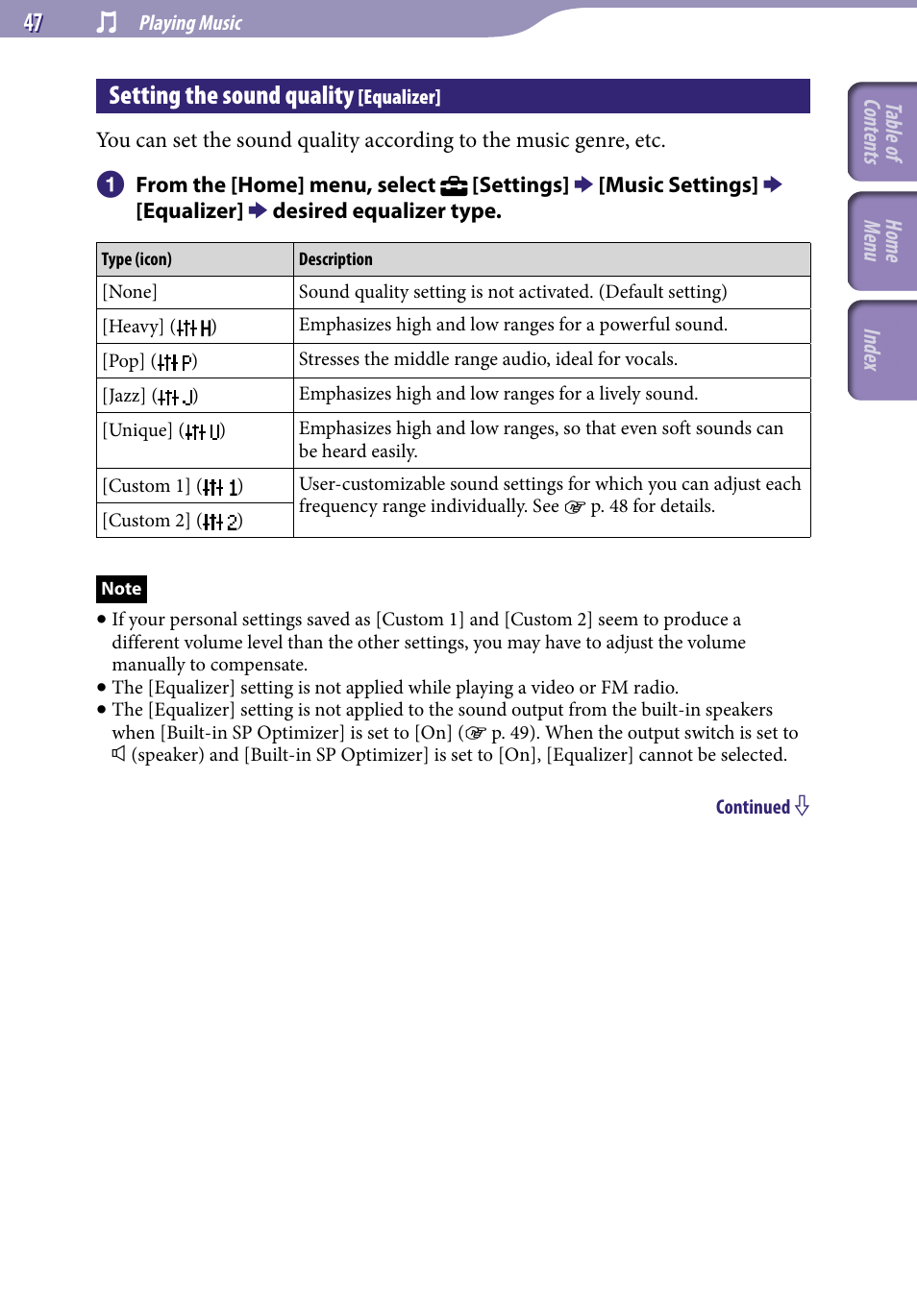 Setting the sound quality [equalizer, Setting the sound quality, Equalizer | Sony NWZ-S544 User Manual | Page 47 / 134