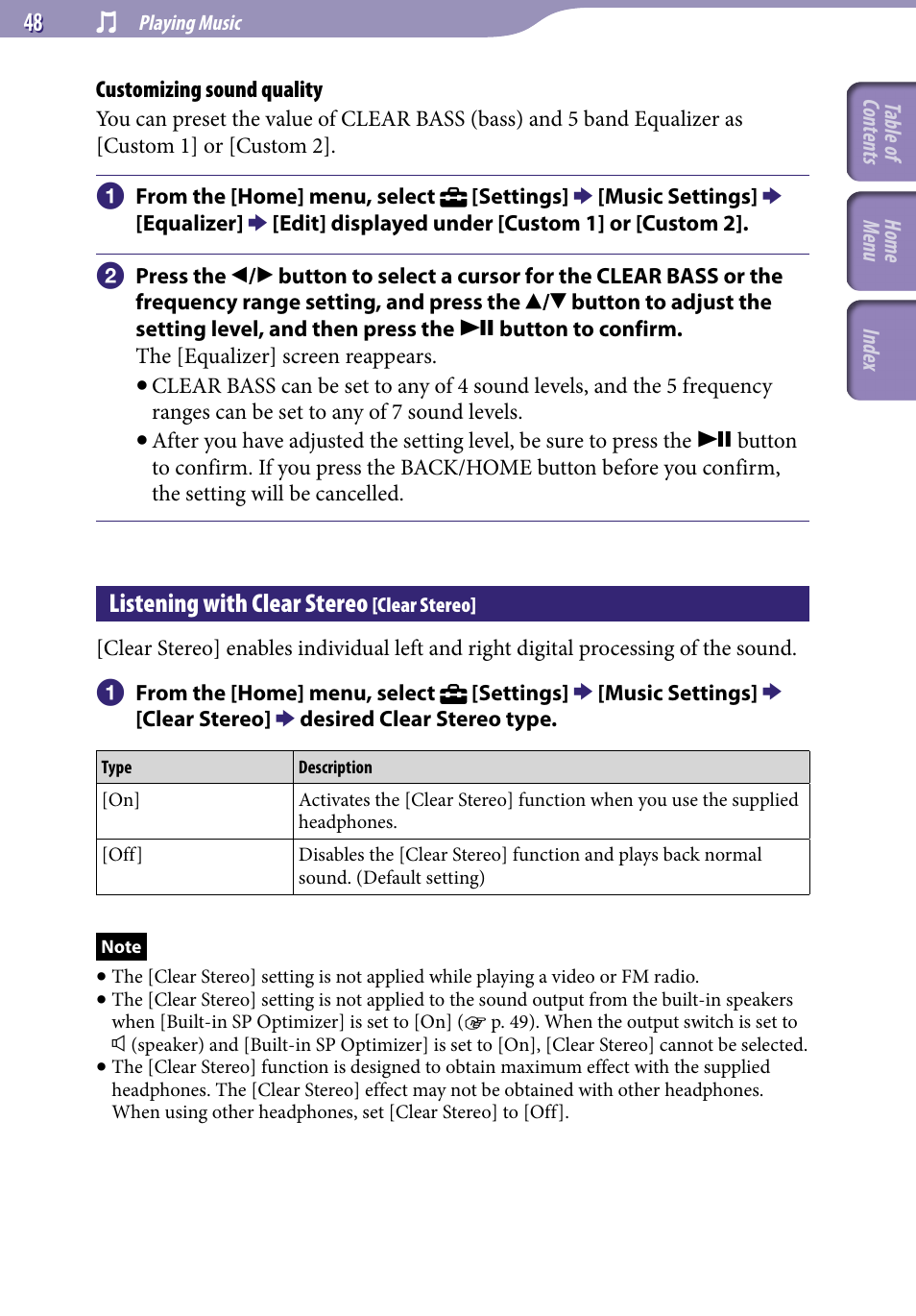 Listening with clear stereo [clear stereo, Listening with clear stereo, Clear stereo | Sony NWZ-S544 User Manual | Page 48 / 134