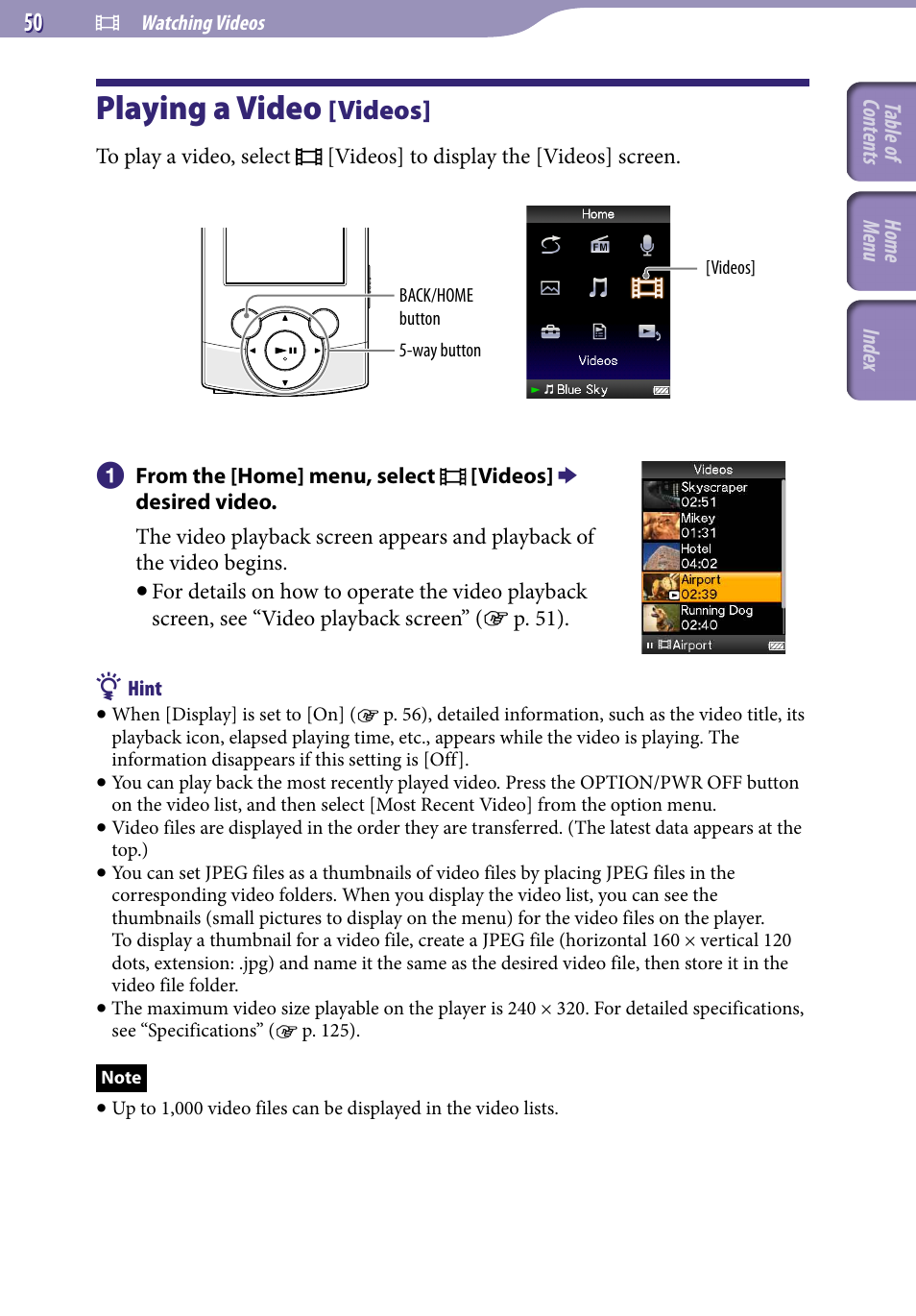 Watching videos, Playing a video [videos, Playing a video | Videos | Sony NWZ-S544 User Manual | Page 50 / 134