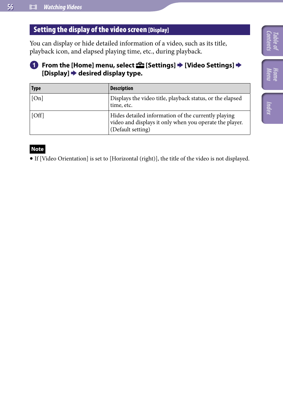 Setting the display of the video screen [display, Setting the display of the video screen, Display | 56), det | Sony NWZ-S544 User Manual | Page 56 / 134