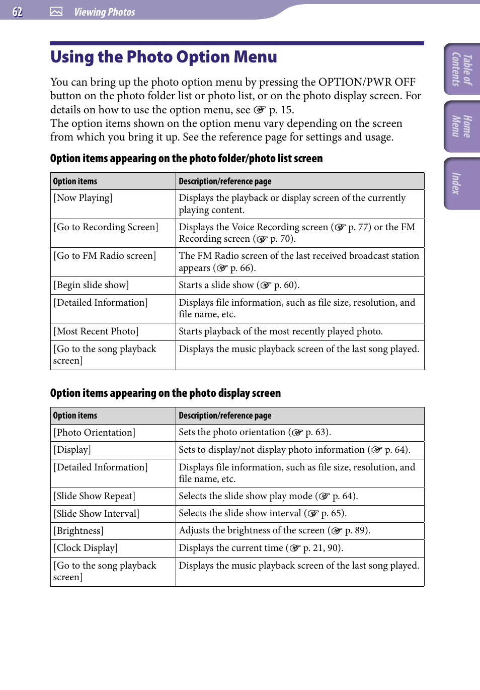 Using the photo option menu | Sony NWZ-S544 User Manual | Page 62 / 134