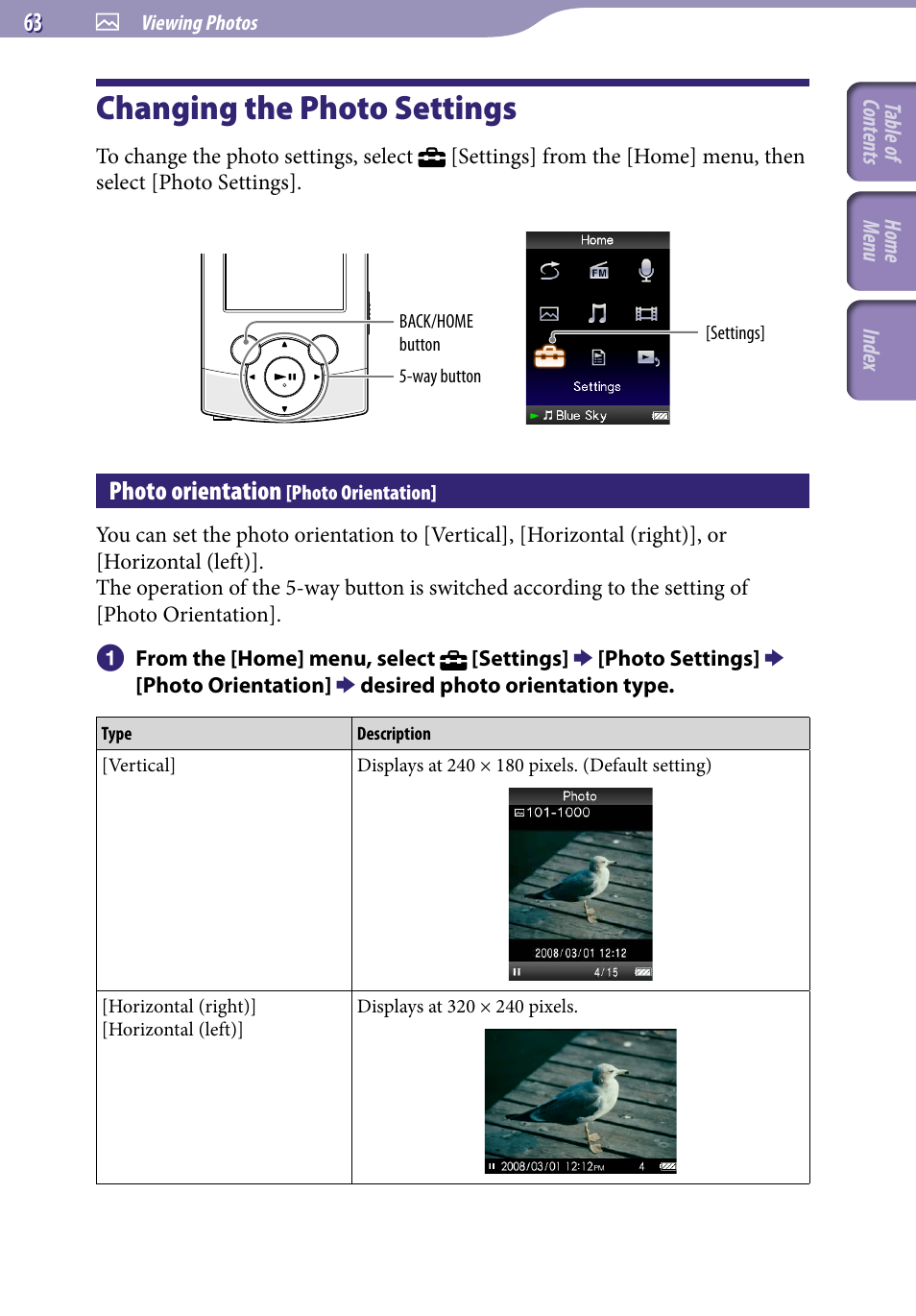 Changing the photo settings, Photo orientation [photo orientation, Photo orientation | Sony NWZ-S544 User Manual | Page 63 / 134