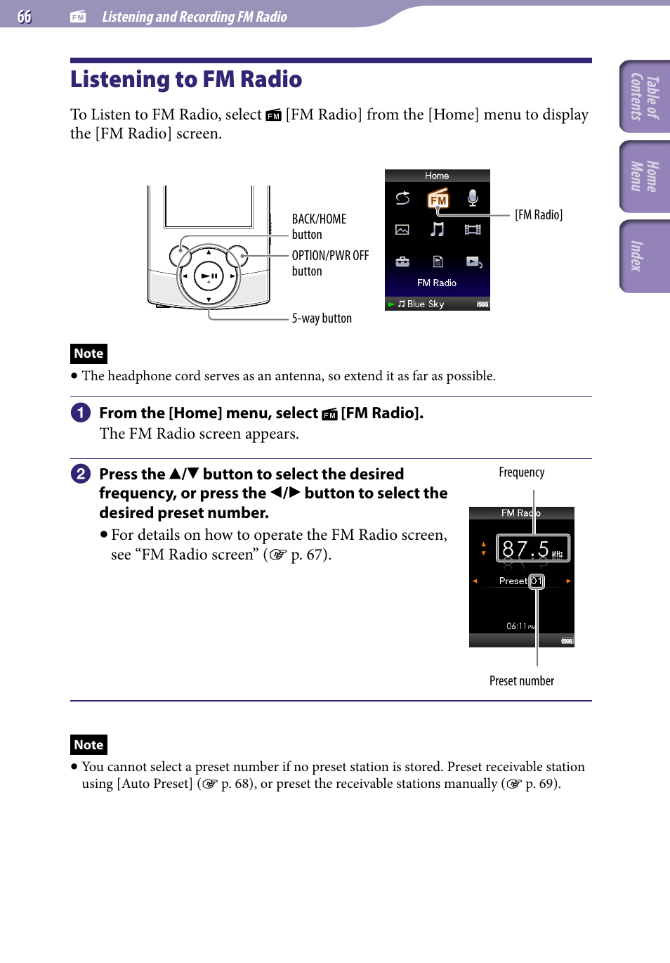 Listening and recording fm radio, Listening to fm radio | Sony NWZ-S544 User Manual | Page 66 / 134