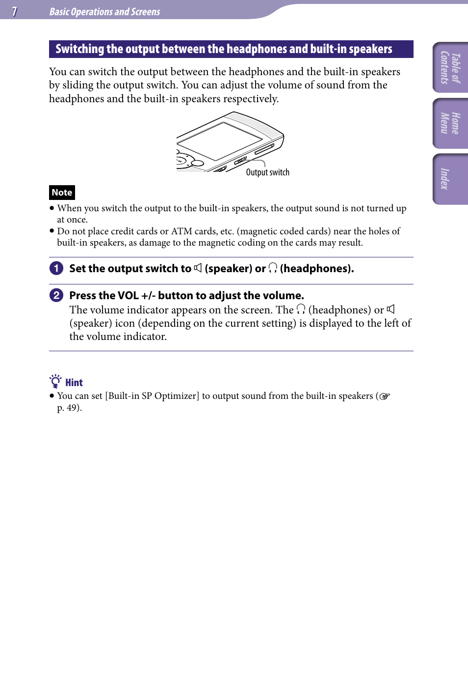 Switching the output between, The headphones and built-in speakers | Sony NWZ-S544 User Manual | Page 7 / 134