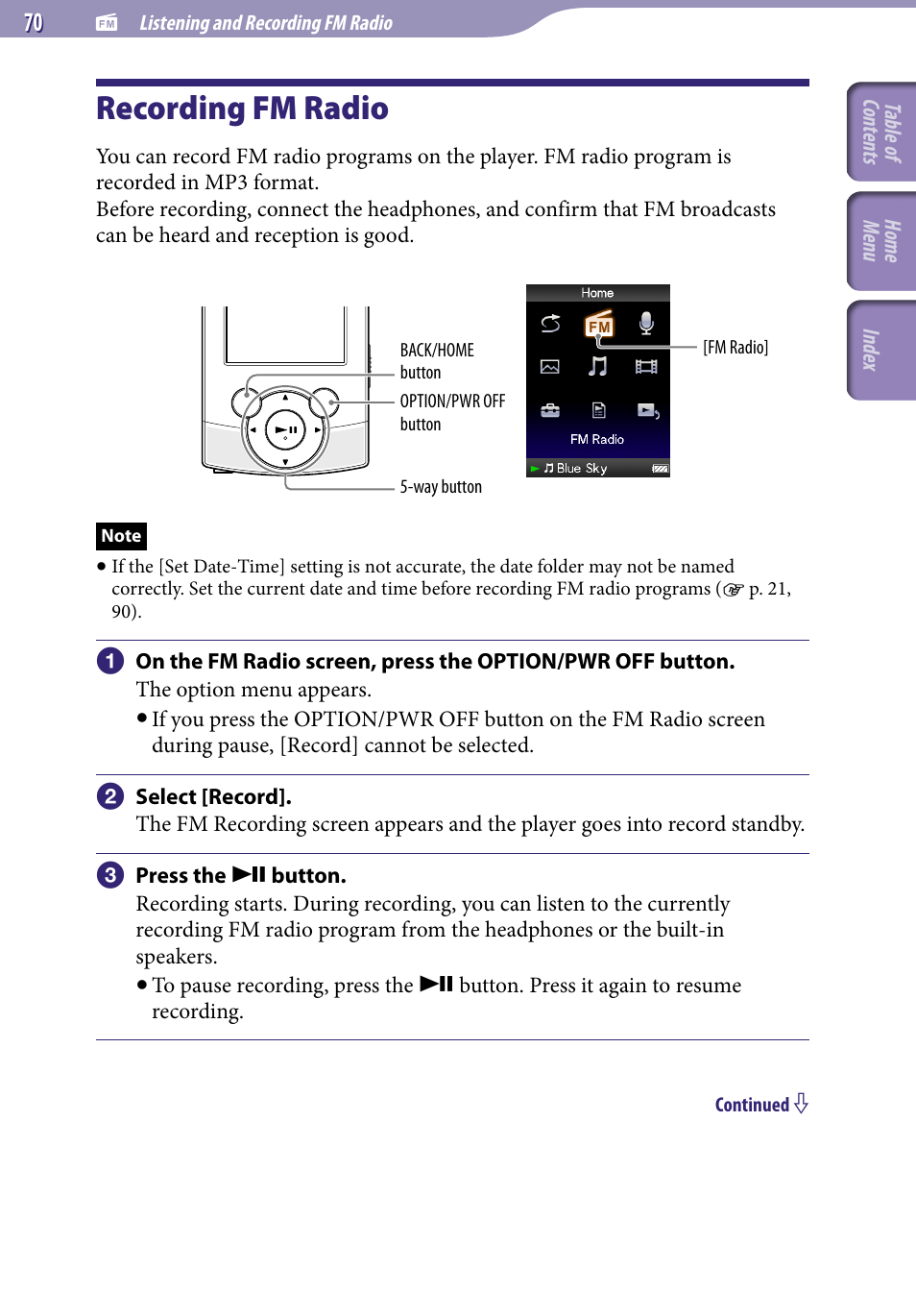 Recording fm radio, 70), a | Sony NWZ-S544 User Manual | Page 70 / 134