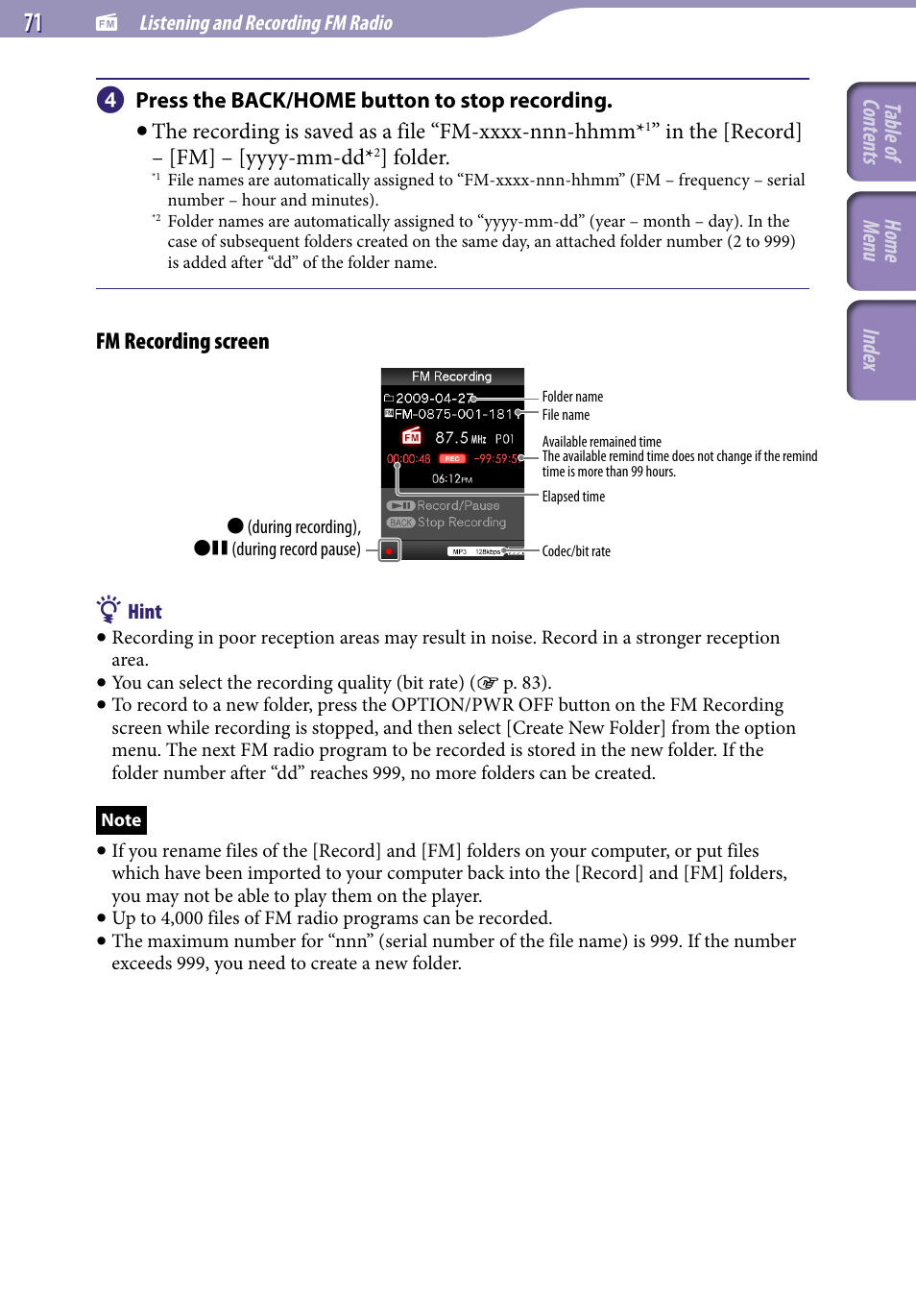 Fm recording screen, Table of cont ents home menu inde x | Sony NWZ-S544 User Manual | Page 71 / 134