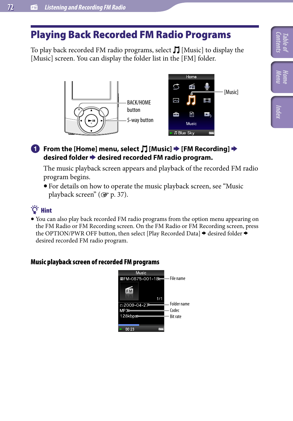 Playing back recorded fm radio programs, Playing back recorded fm radio, Programs | E “playing back recorded fm, Radio programs | Sony NWZ-S544 User Manual | Page 72 / 134