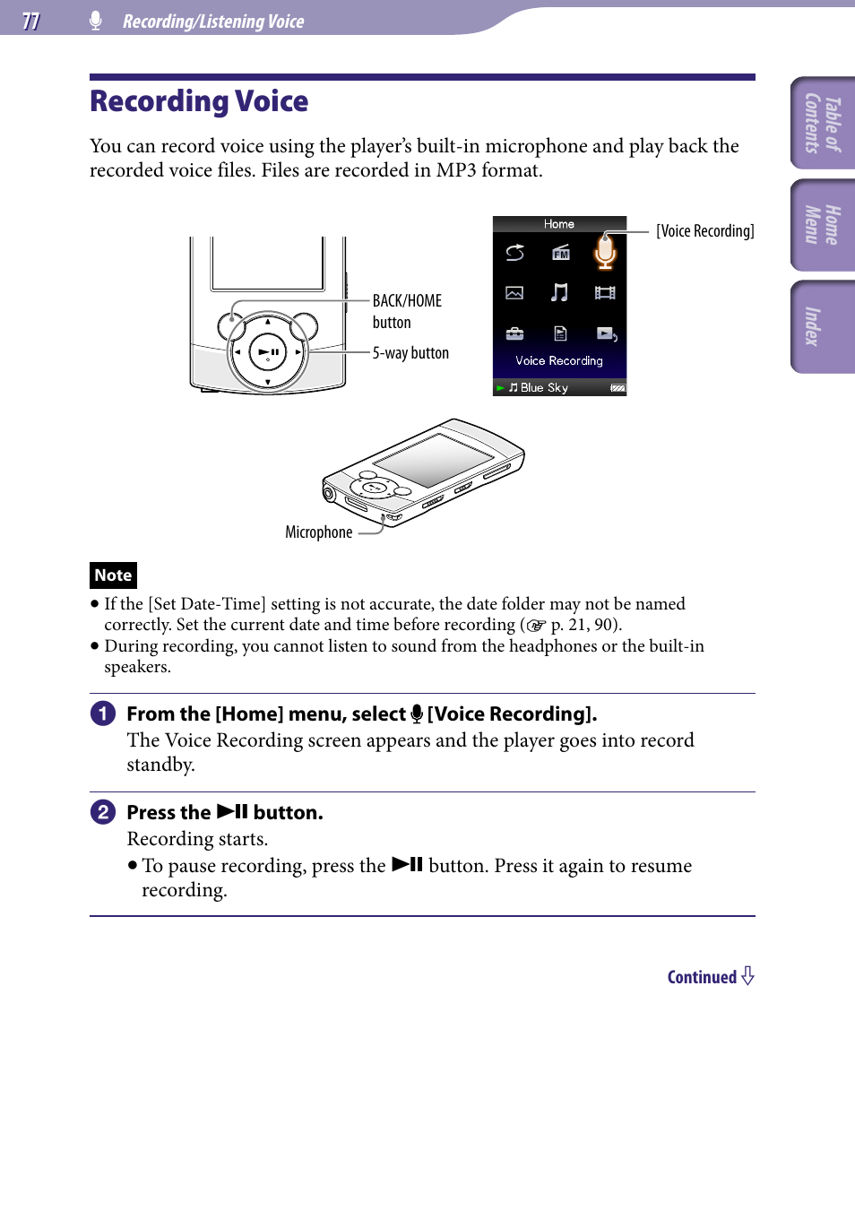 Recording/listening voice, Recording voice, 77), a | 77) o | Sony NWZ-S544 User Manual | Page 77 / 134