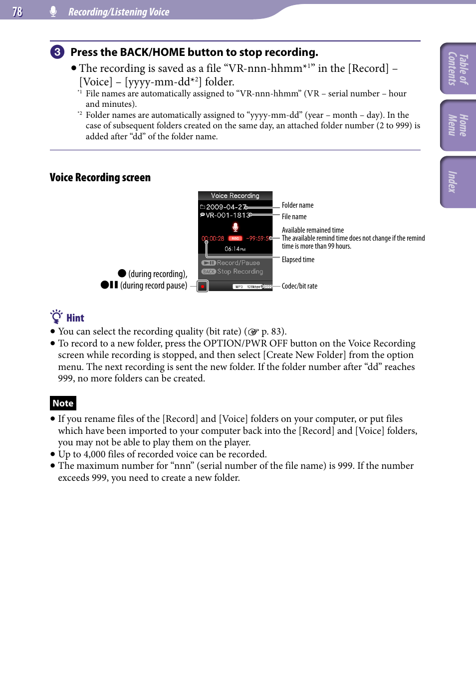 Voice recording screen, Table of cont ents home menu inde x | Sony NWZ-S544 User Manual | Page 78 / 134
