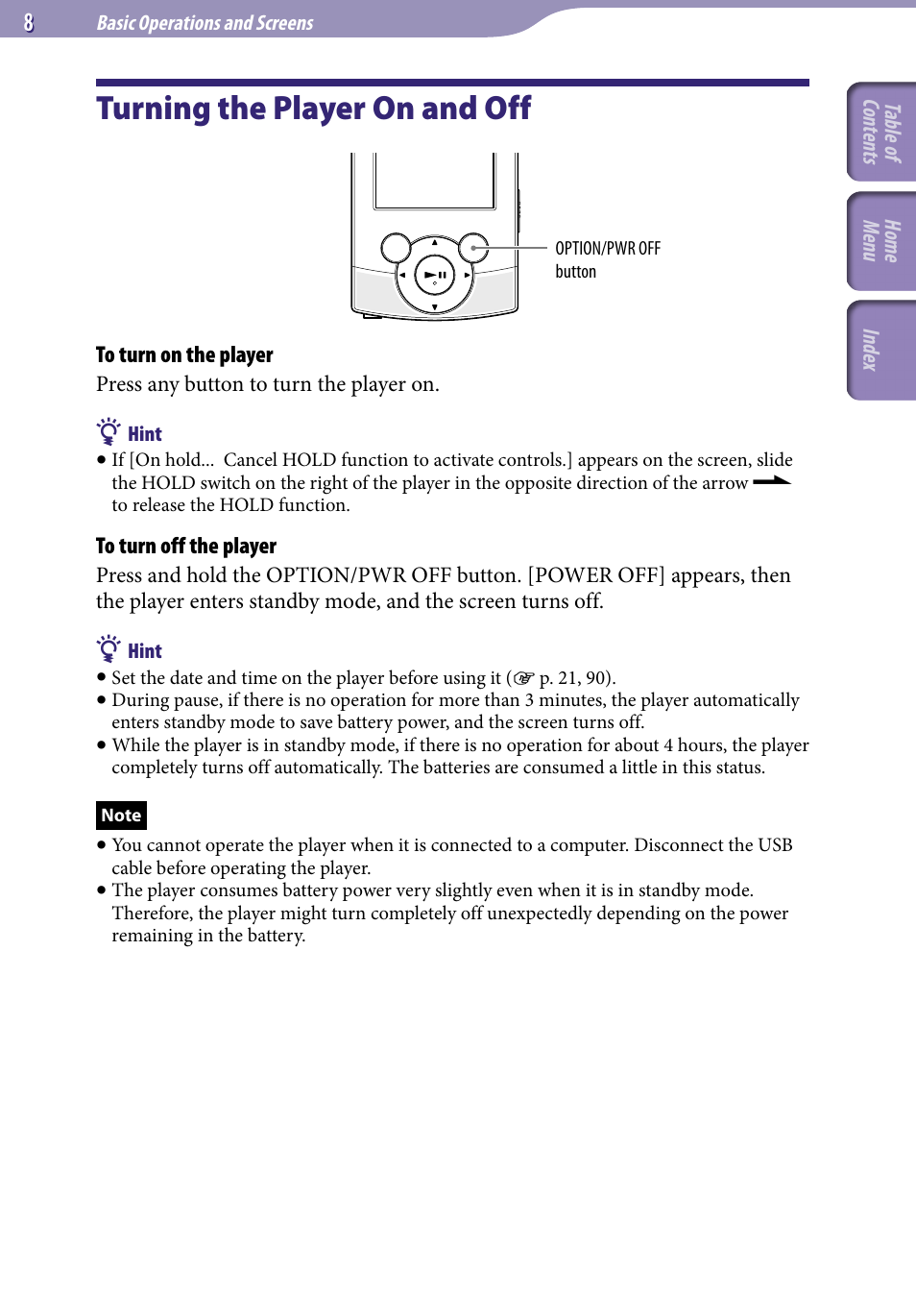 Turning the player on and off | Sony NWZ-S544 User Manual | Page 8 / 134