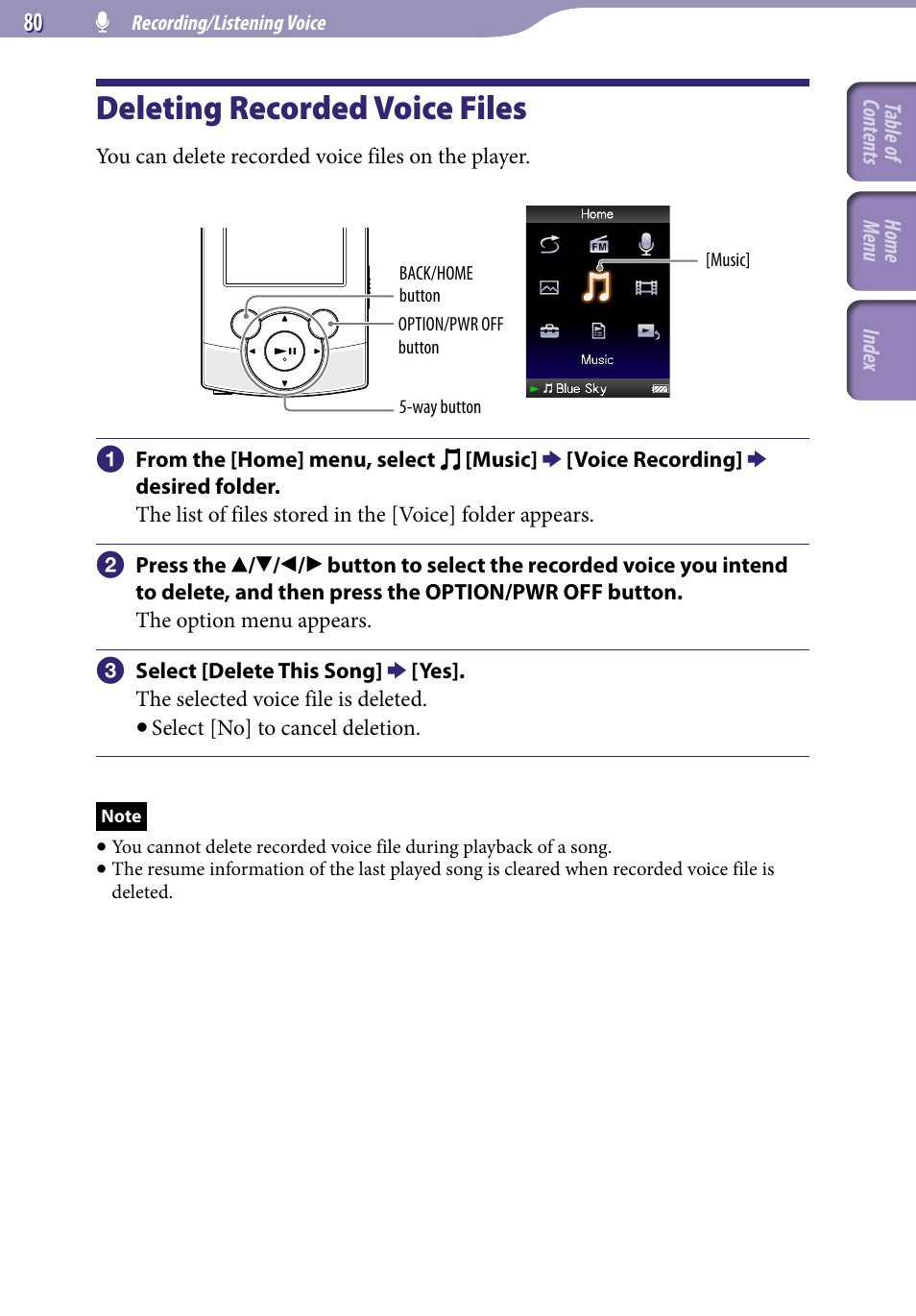 Deleting recorded voice files, 80) a | Sony NWZ-S544 User Manual | Page 80 / 134