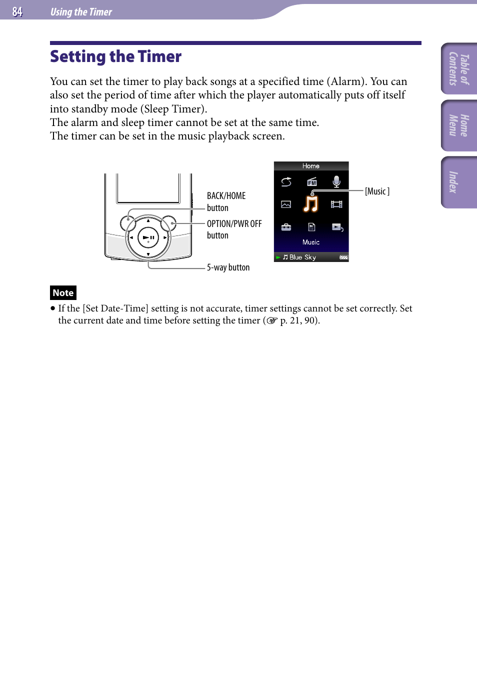 Using the timer, Setting the timer | Sony NWZ-S544 User Manual | Page 84 / 134