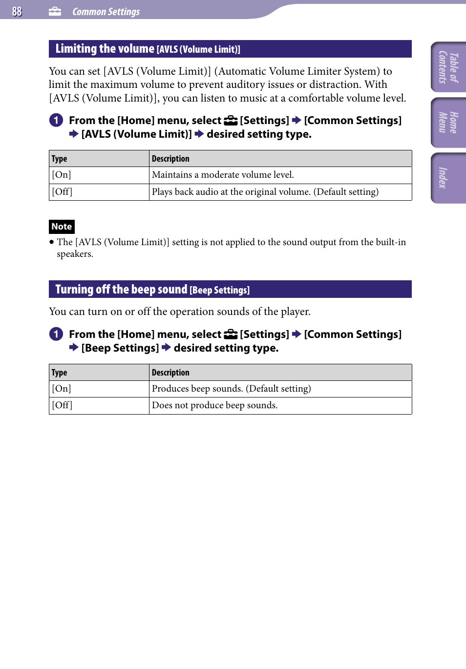 Limiting the volume [avls (volume limit), Turning off the beep sound [beep settings, Limiting the volume | Avls (volume limit), Turning off the beep sound, Beep settings | Sony NWZ-S544 User Manual | Page 88 / 134