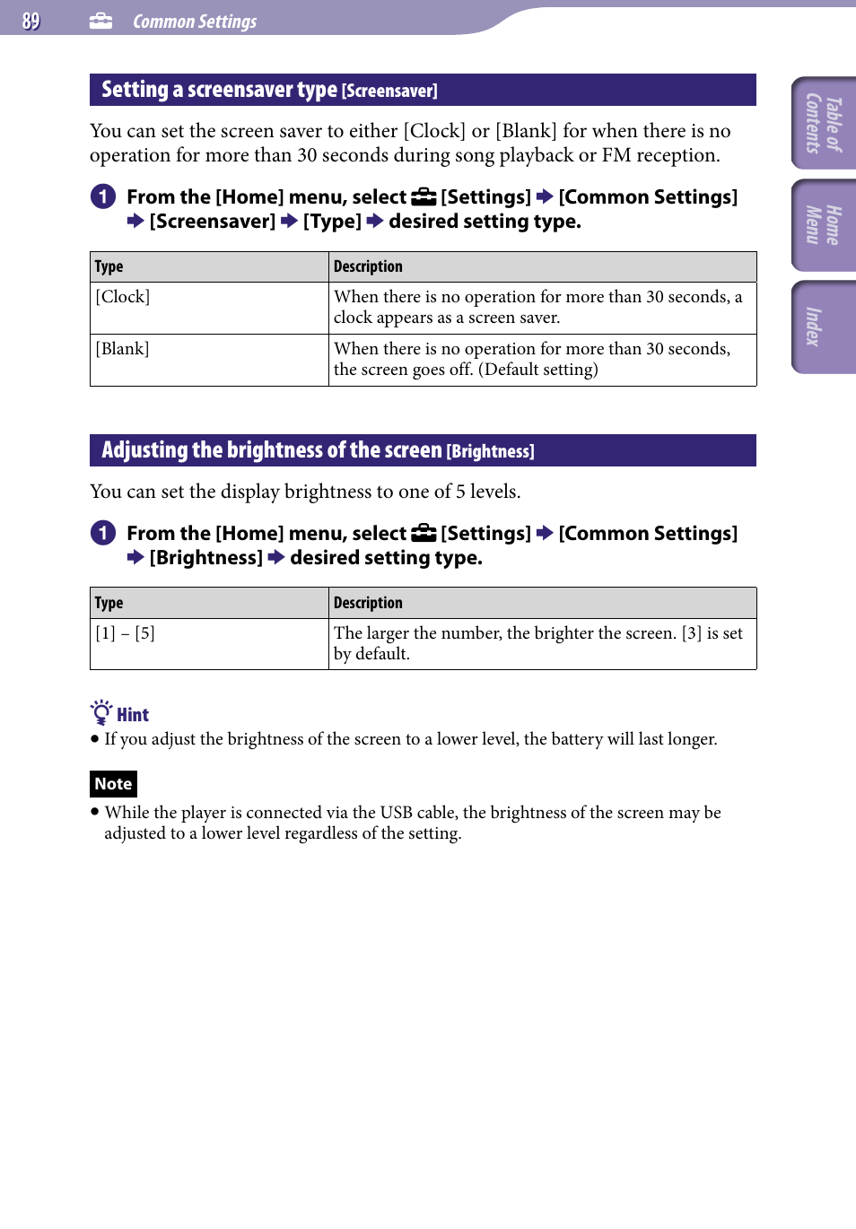 Setting a screensaver type [screensaver, Adjusting the brightness of the screen [brightness, Setting a screensaver type | Screensaver, Adjusting the brightness of the screen, Brightness | Sony NWZ-S544 User Manual | Page 89 / 134