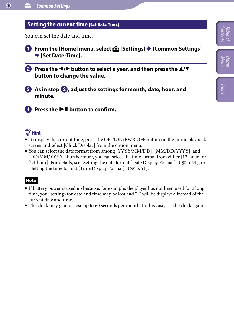 Setting the current time [set date-time, Setting the current time, Set date-time | Sony NWZ-S544 User Manual | Page 90 / 134