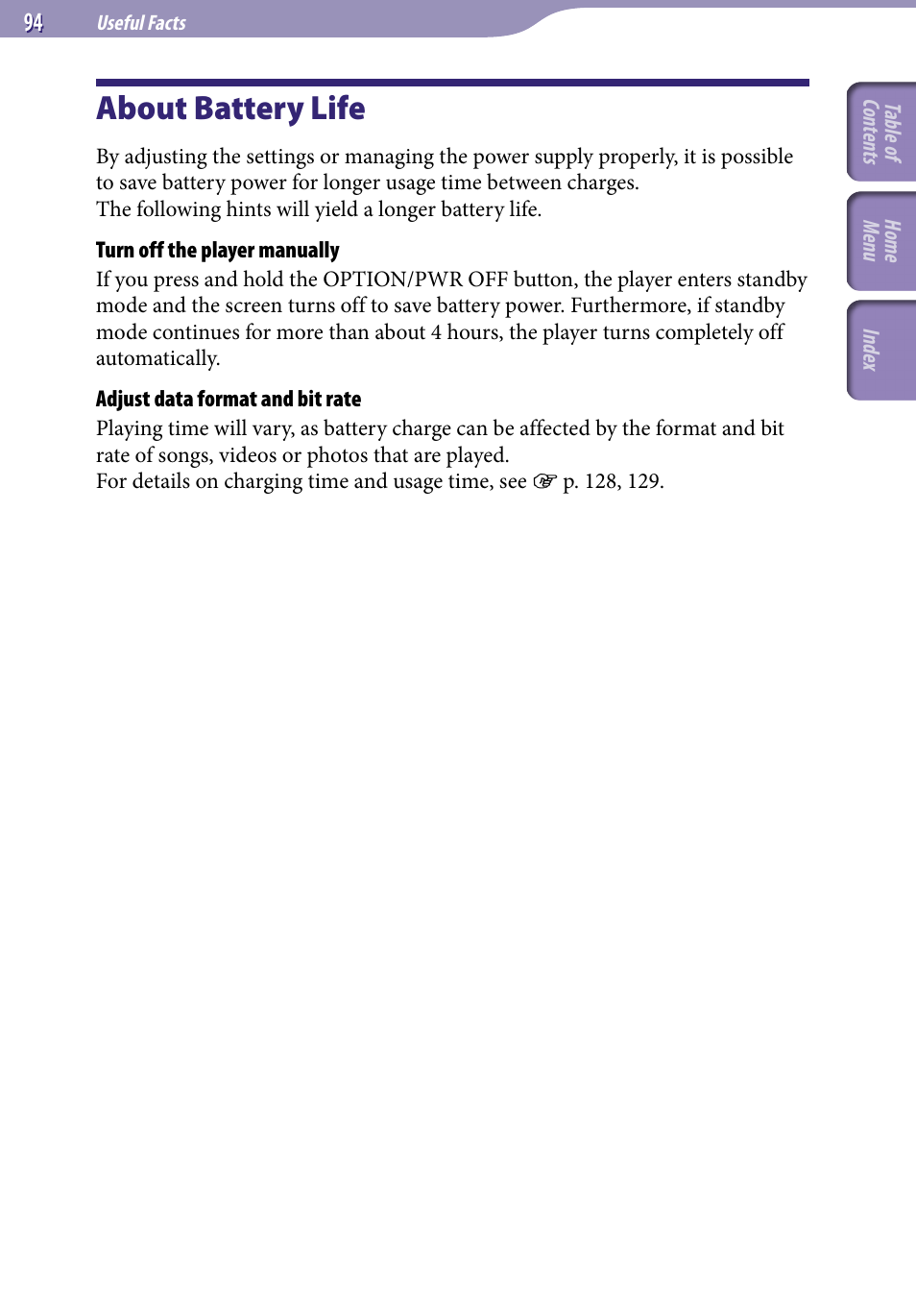 Useful facts, About battery life | Sony NWZ-S544 User Manual | Page 94 / 134