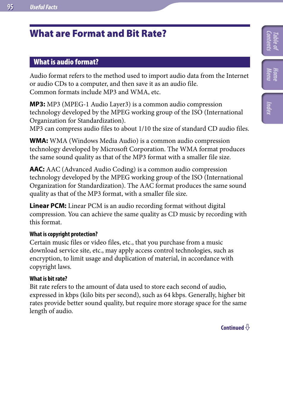 What are format and bit rate, What is audio format | Sony NWZ-S544 User Manual | Page 95 / 134