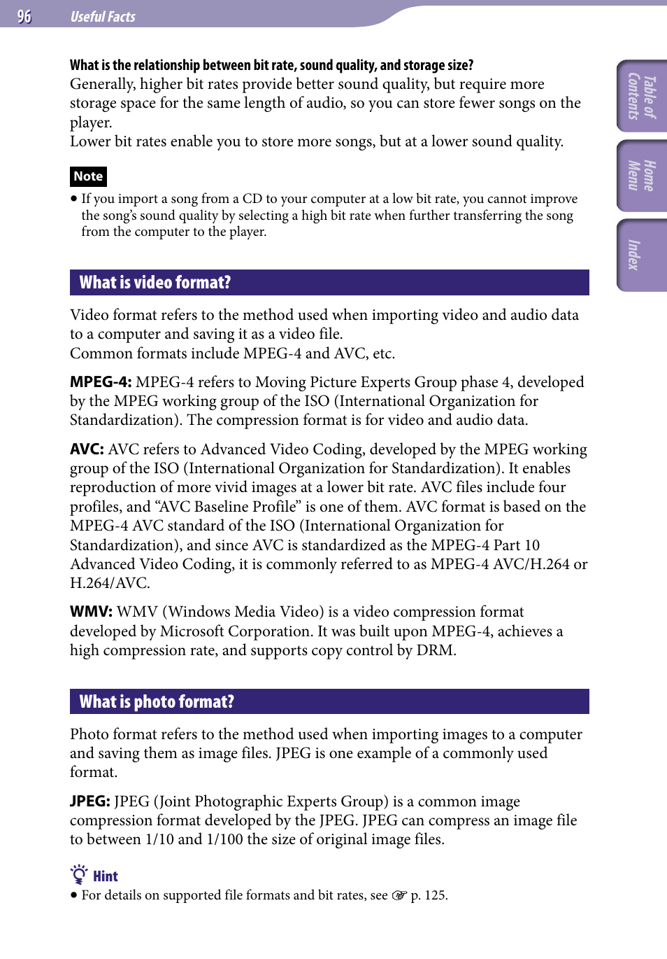 What is video format, What is photo format | Sony NWZ-S544 User Manual | Page 96 / 134