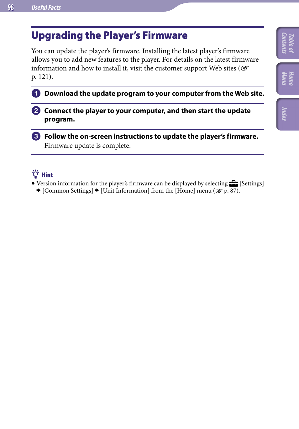 Upgrading the player’s firmware | Sony NWZ-S544 User Manual | Page 98 / 134